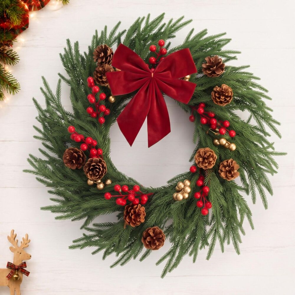Vituney 20" Christmas Wreath w/Red Bow, Artificial Cedar,Pinecones & Red Berries